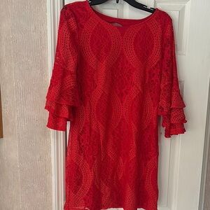 Elegant Red Lace Dress with Ruffle Sleeves